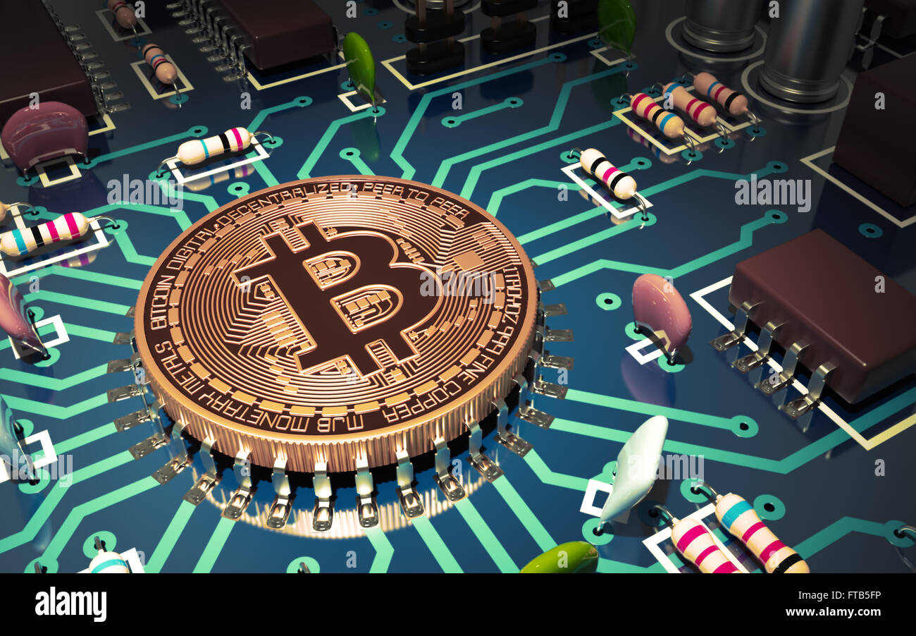 Concept Of Bitcoin Like A Computer Chip On Motherboard. 3D Scene. Stock Photo