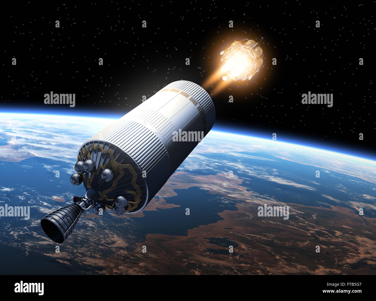 Space Station Launch Orbiting Earth. 3D Scene. Stock Photo