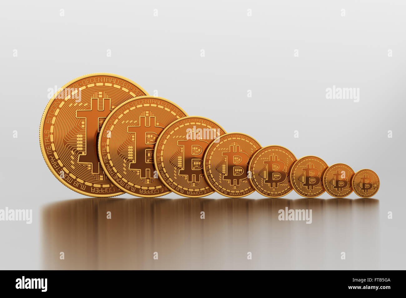 Concept Of Bitcoins Vary In Size. 3D Scene. Stock Photo