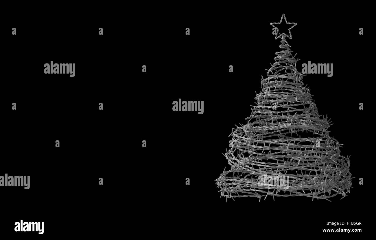 Christmas Tree Made From Barbed Wire On Black Background. 3D Model. Stock Photo