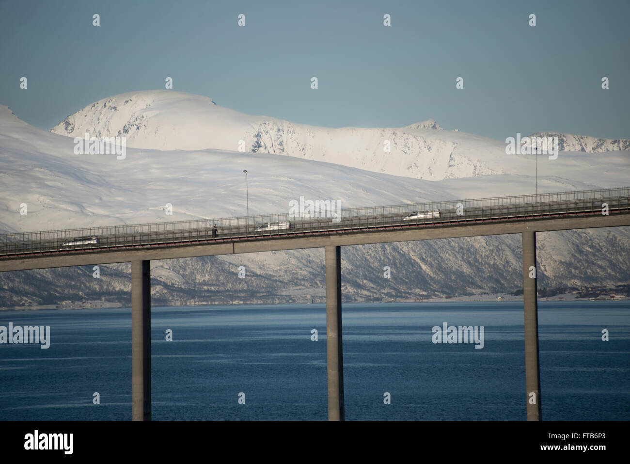 Tromso road bridge in the winter landscape, Troms County, Norway. Stock Photo