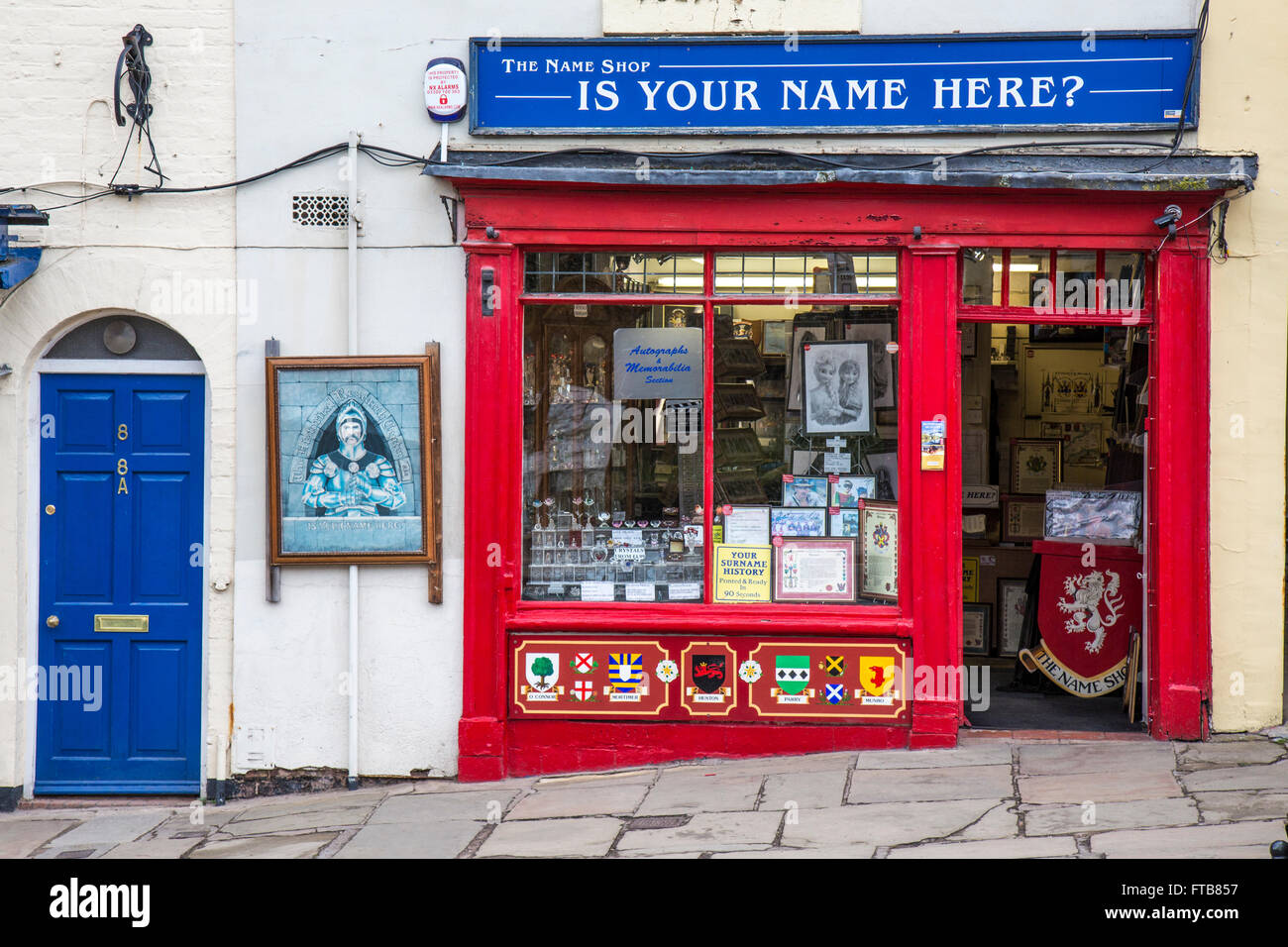 A shop on the main street in Ironbridge, Shropshire, England. The shop gives people history of their names. Stock Photo