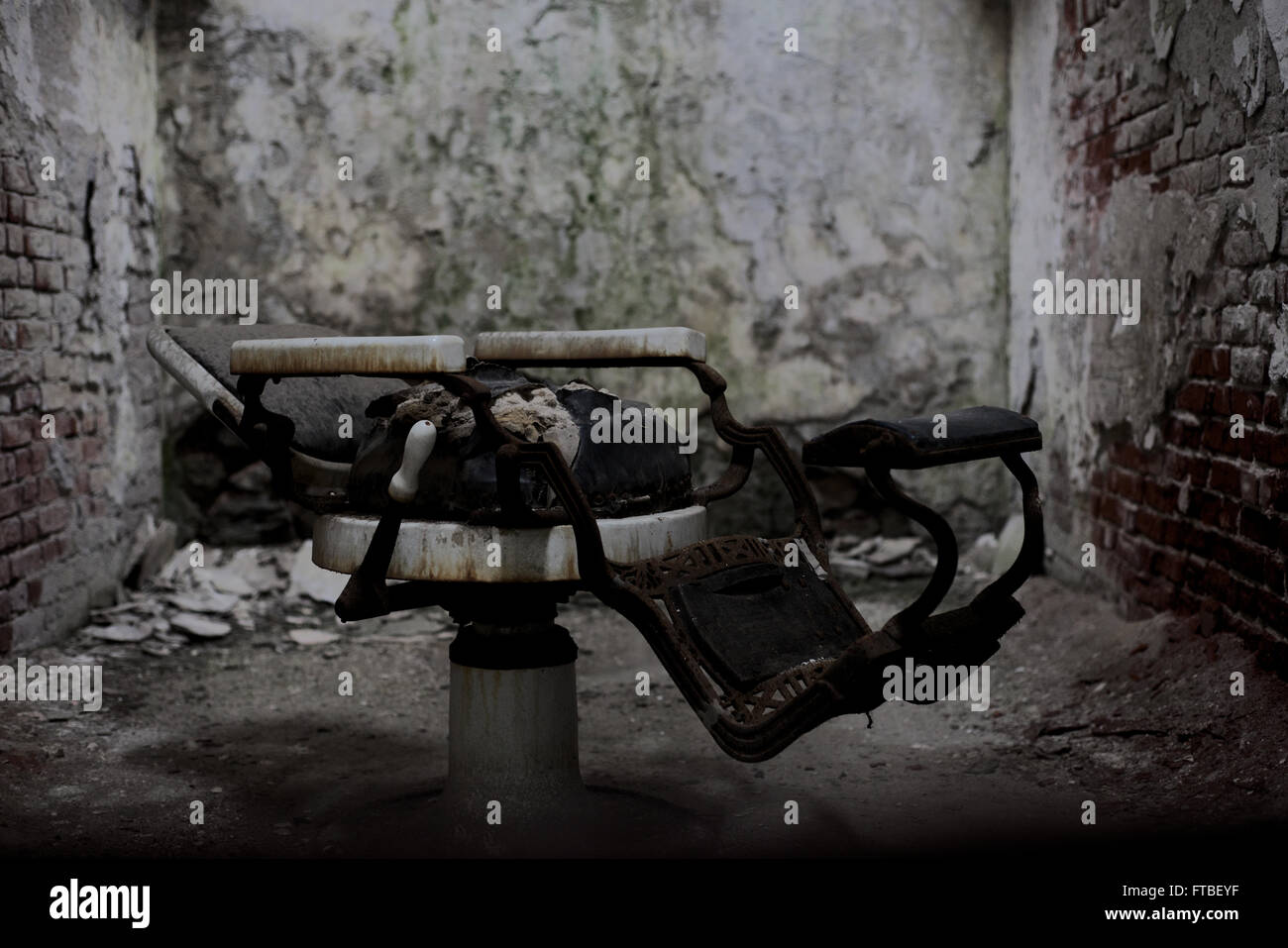 How about a fresh shave? A barber's chair at the Eastern State Penitentiary in Philadelphia Pennsylvania Stock Photo