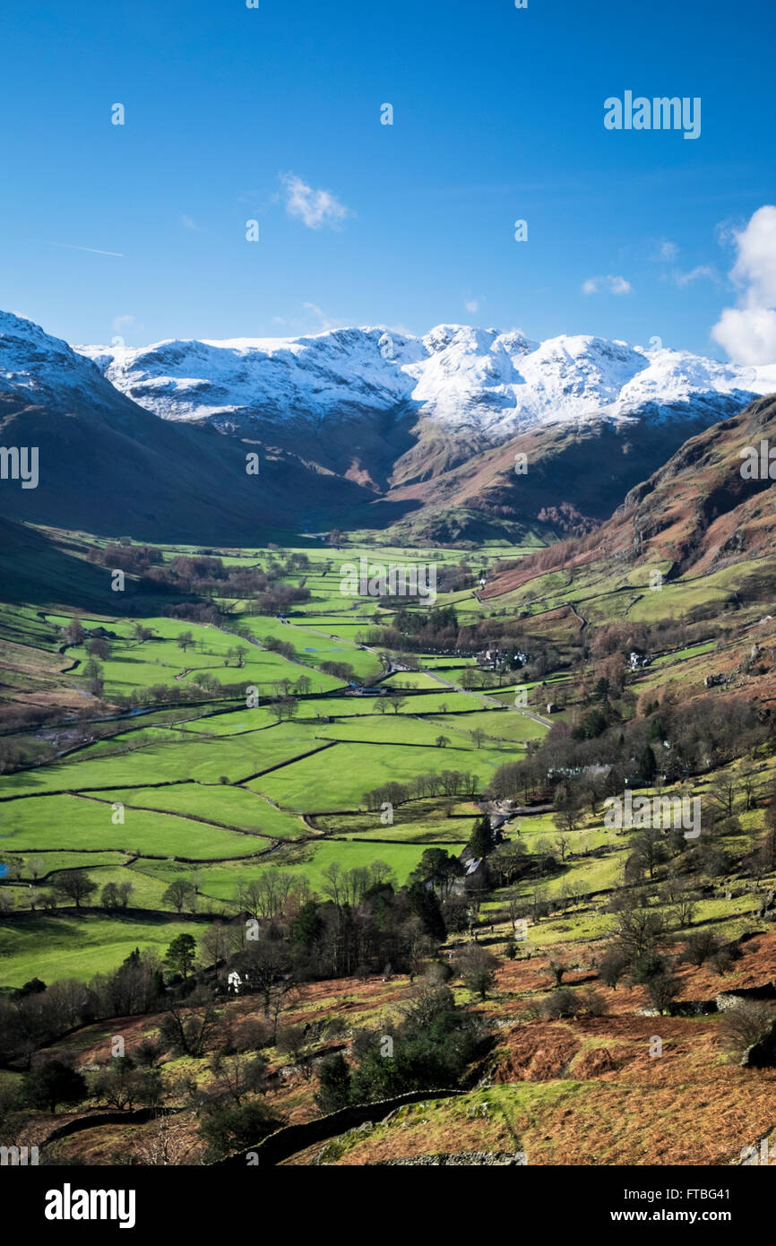 Langdale valley with Crinkle Crags in snow, Lake District, England Stock Photo