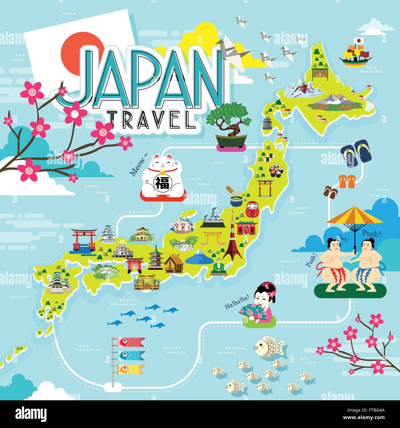 Japan travel map with lovely famous attractions Stock Vector