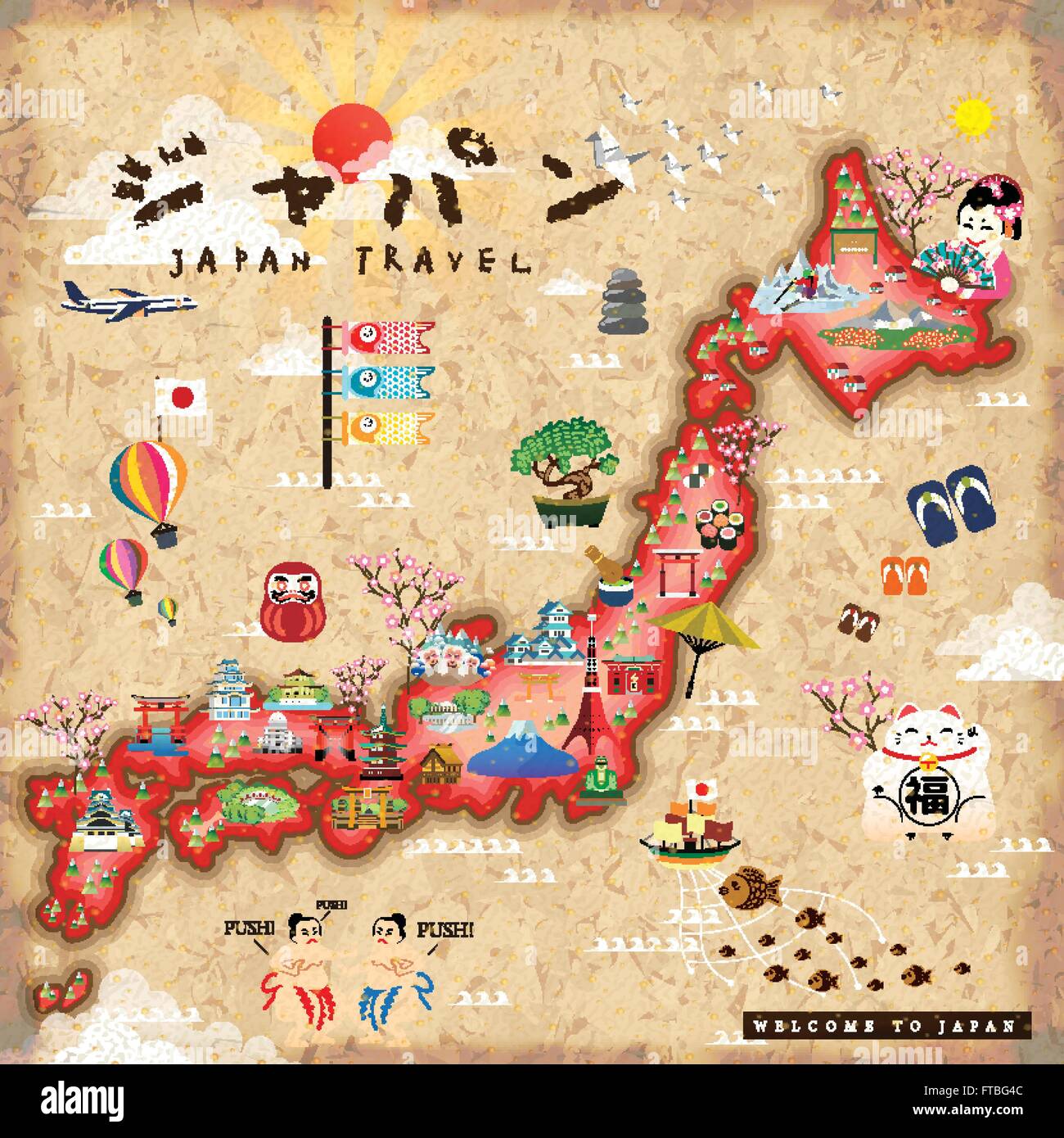 Japan travel map with famous attractions - Japan in Japanese Stock Vector