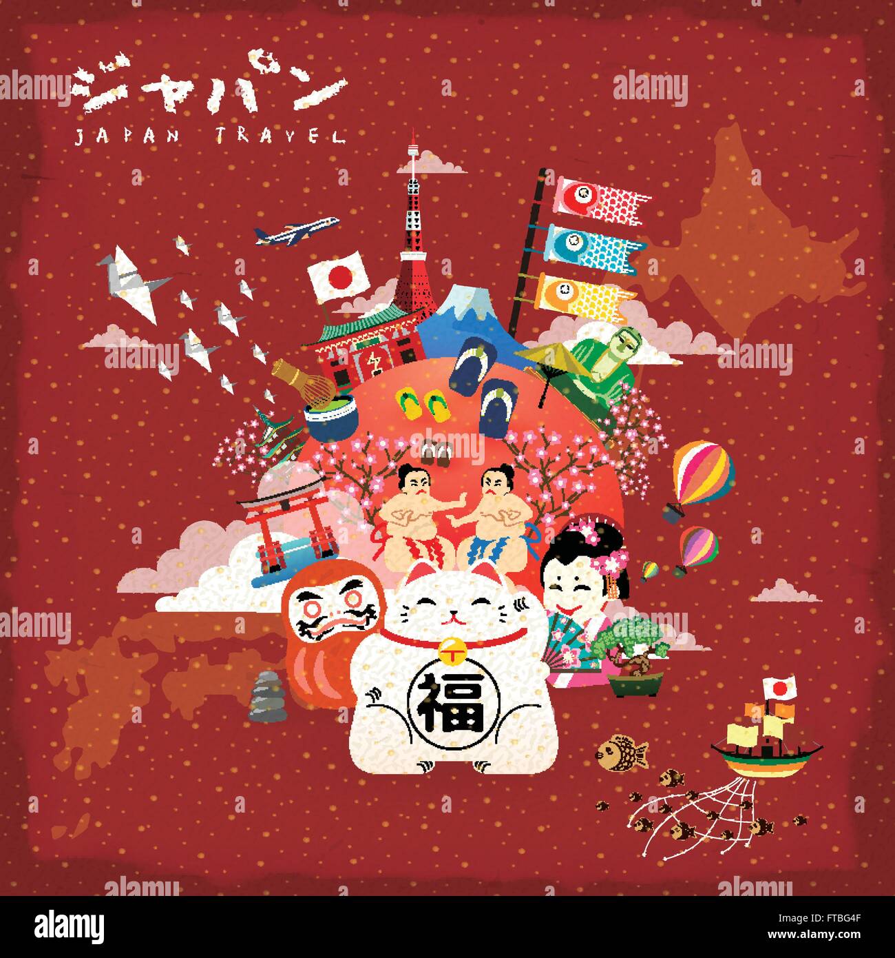 Japan travel poster with famous attractions - Japan in Japanese Stock Vector