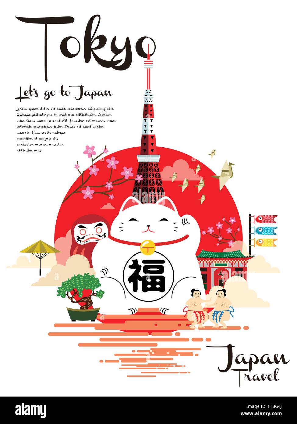Japan travel poster with lovely lucky cat and tokyo tower Stock Vector