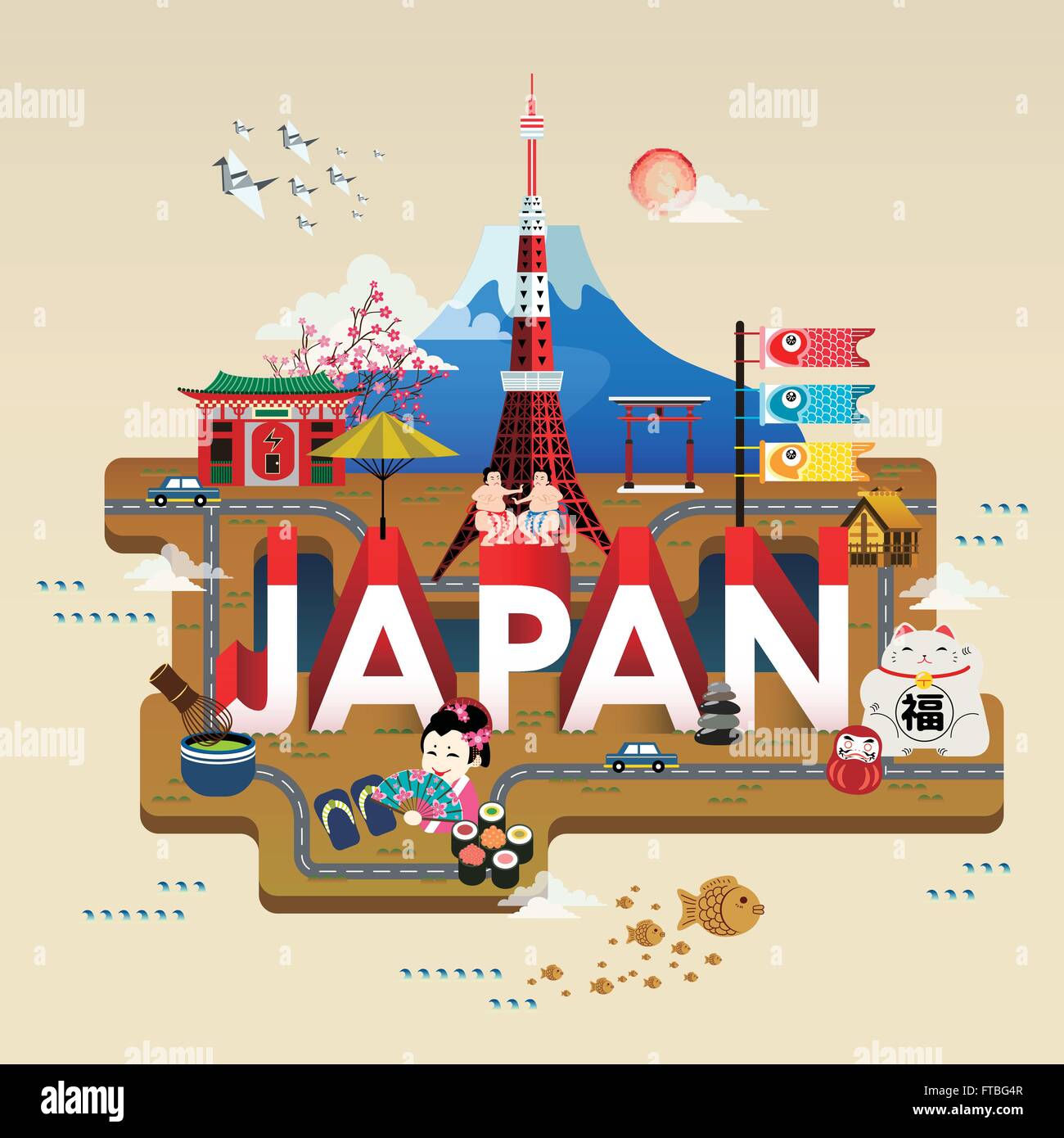 lovely Japan travel poster with famous attractions Stock Vector