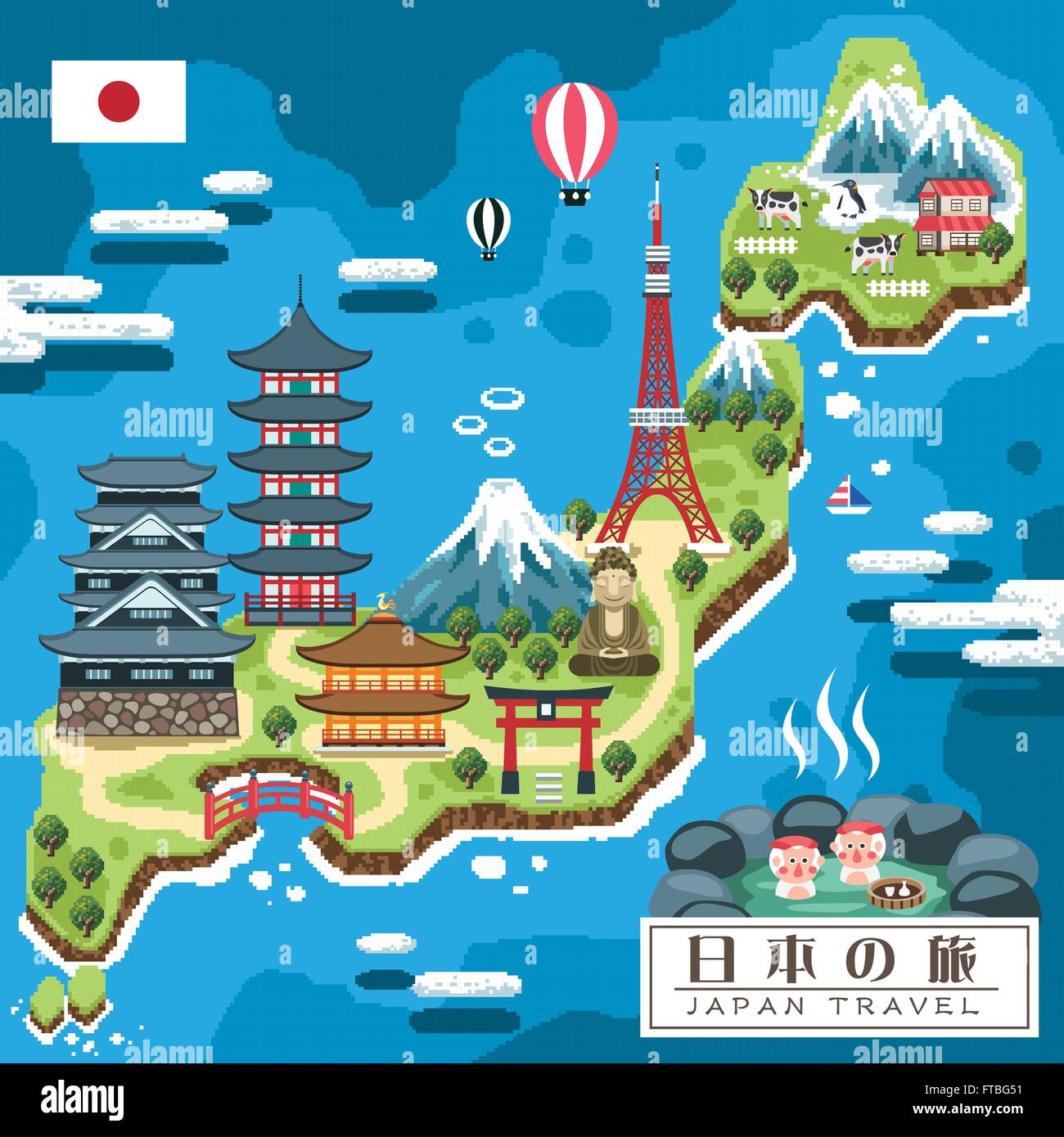 funny Japan travel map in pixel style - Japan travel in Japanese on ...