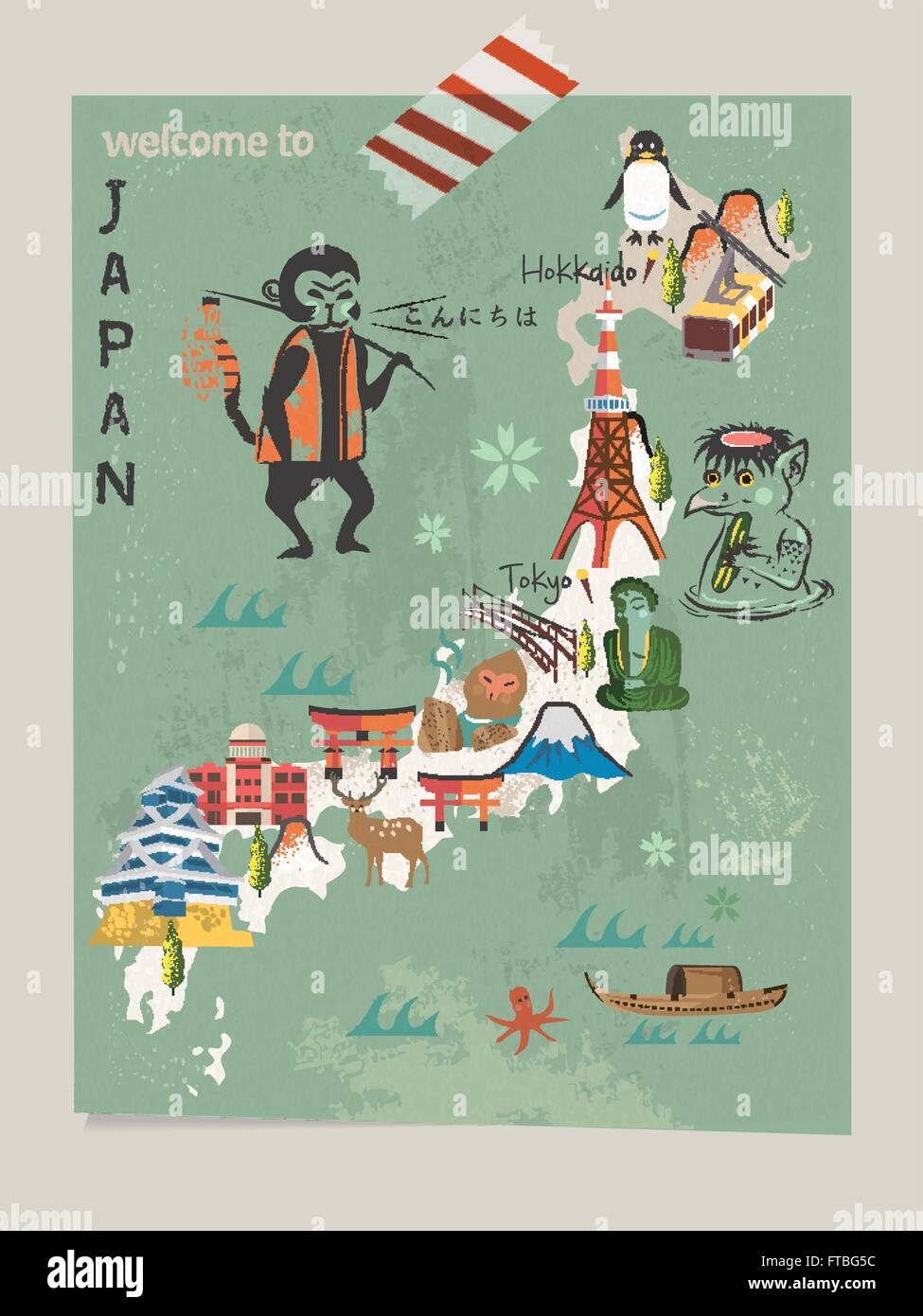 Japan travel map with famous attractions and animals Stock Vector