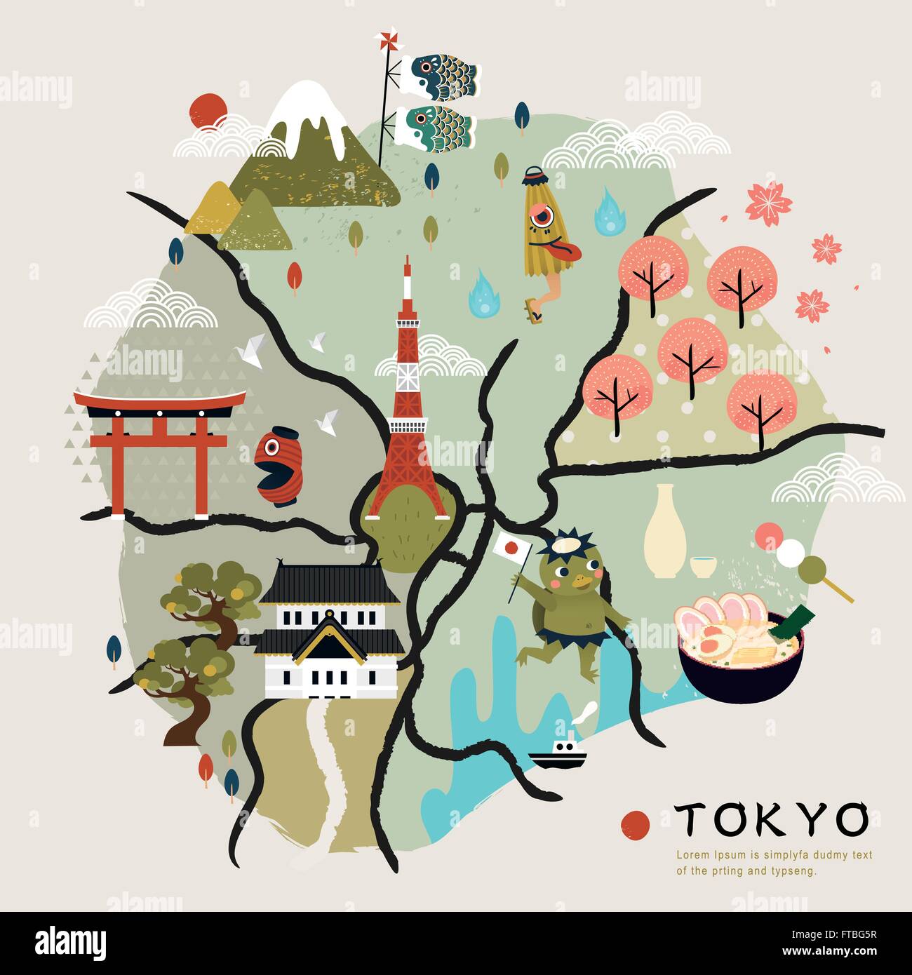 lovely Japan walking map with famous attractions and folklore creatures Stock Vector