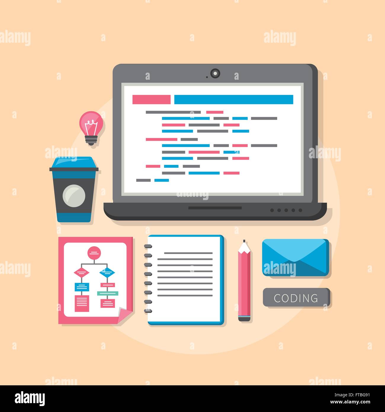 flat design concept of process web page coding and programming Stock Vector