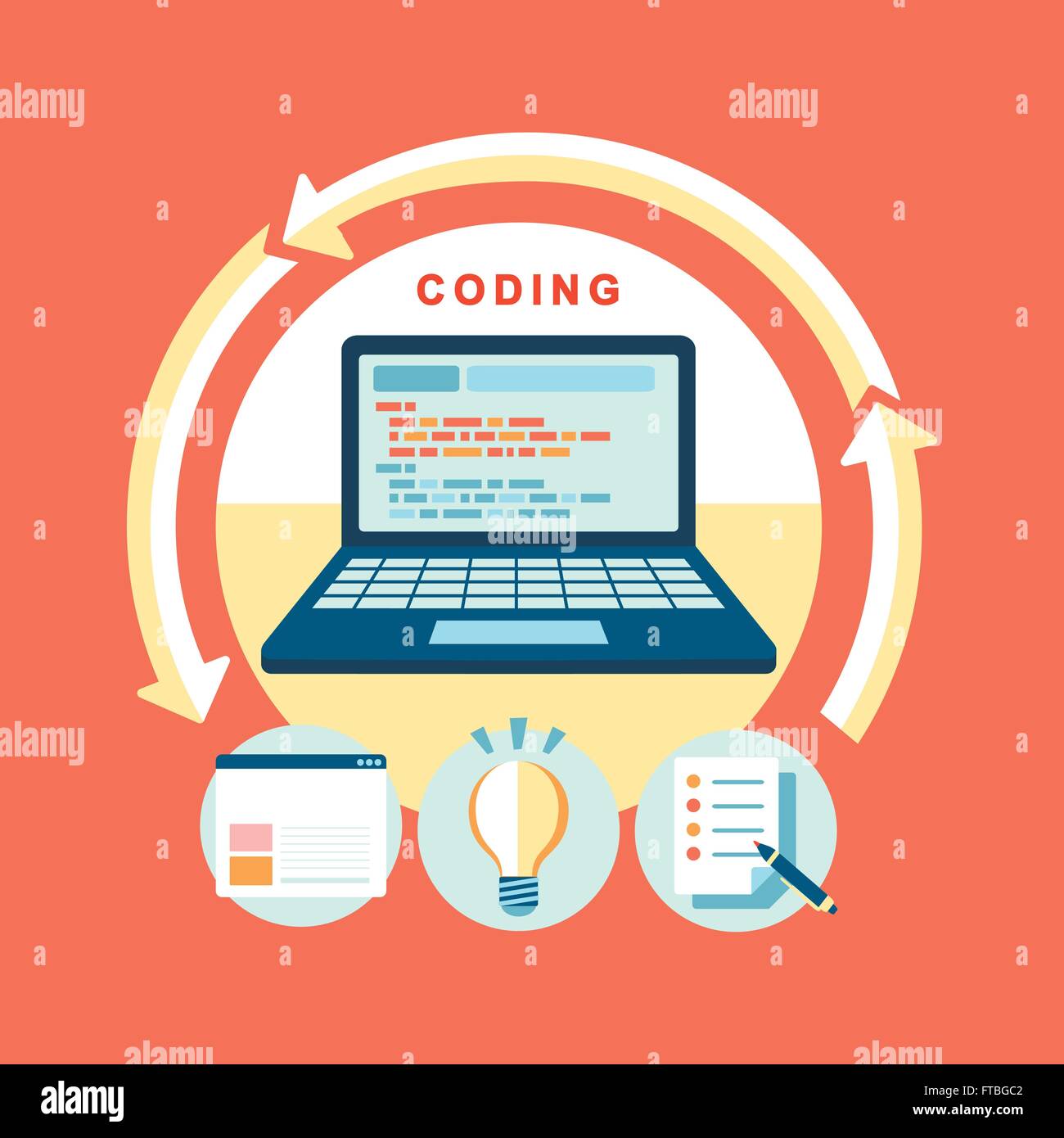 flat design concept of process web page coding and programming Stock Vector