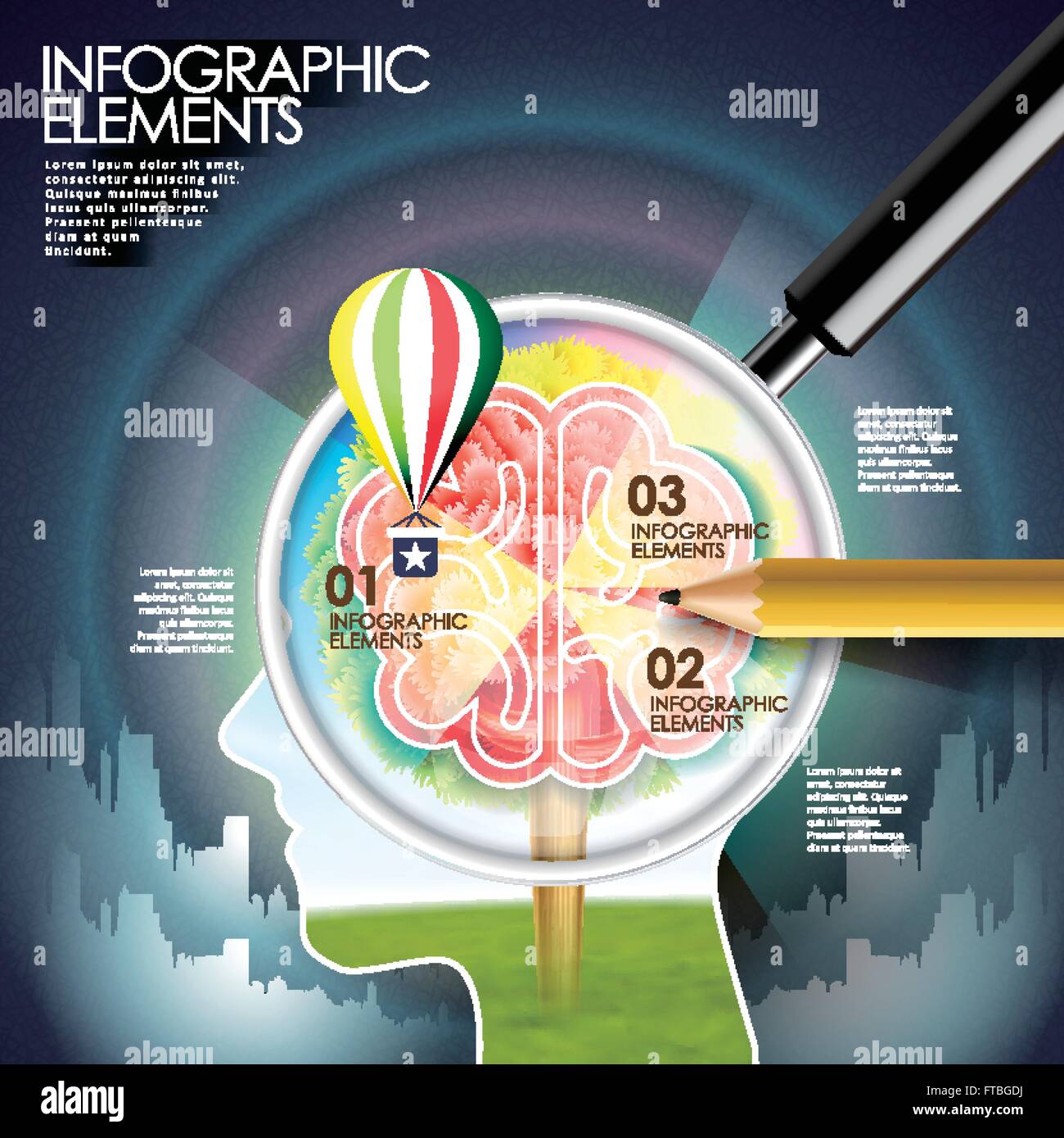 education infographic with a brain looking through by magnifying glass ...