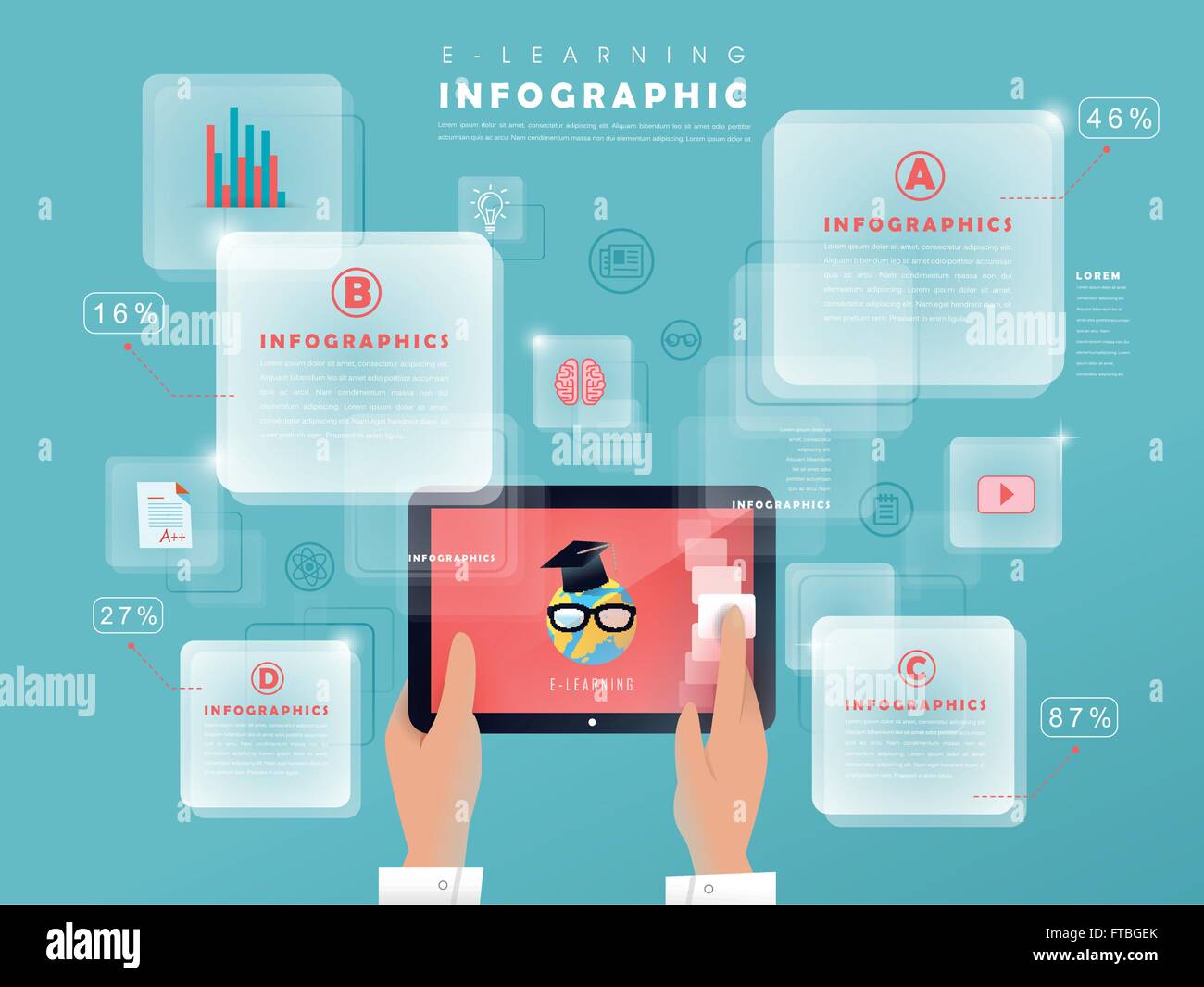 elearning concept infographic with hands holding tablet Stock Vector