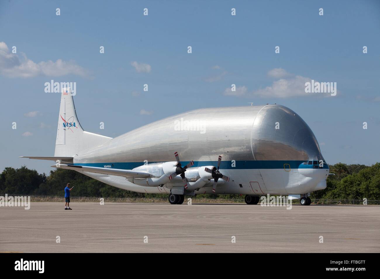 The Super Guppy cargo aircraft taxis to the ramp of the Shuttle Landing Facility at the Kennedy Space Center November 2, 2015 in Cape Canaveral, Florida. Stock Photo