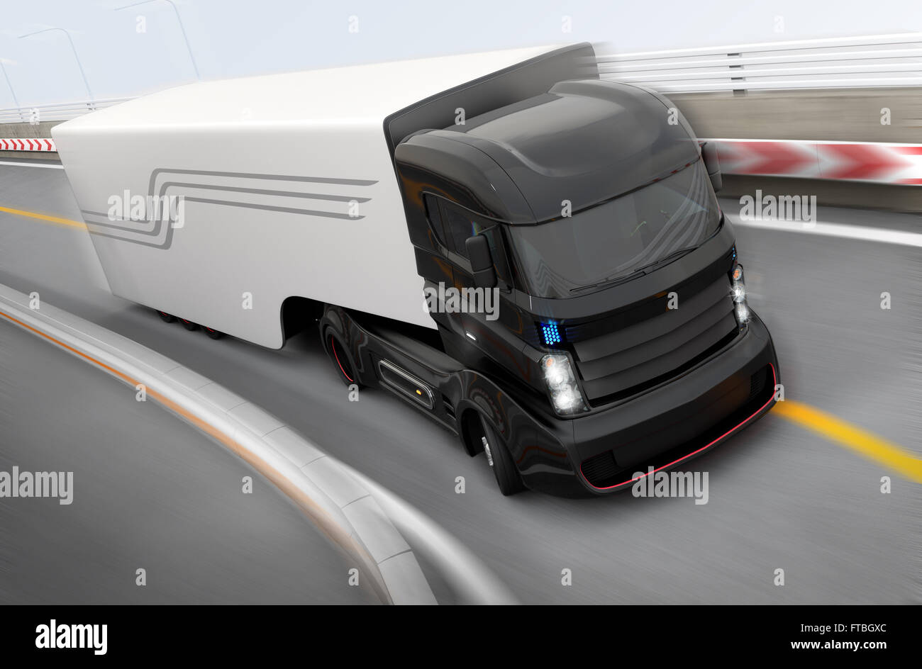 Autonomous hybrid truck driving on highway. Original design. Stock Photo