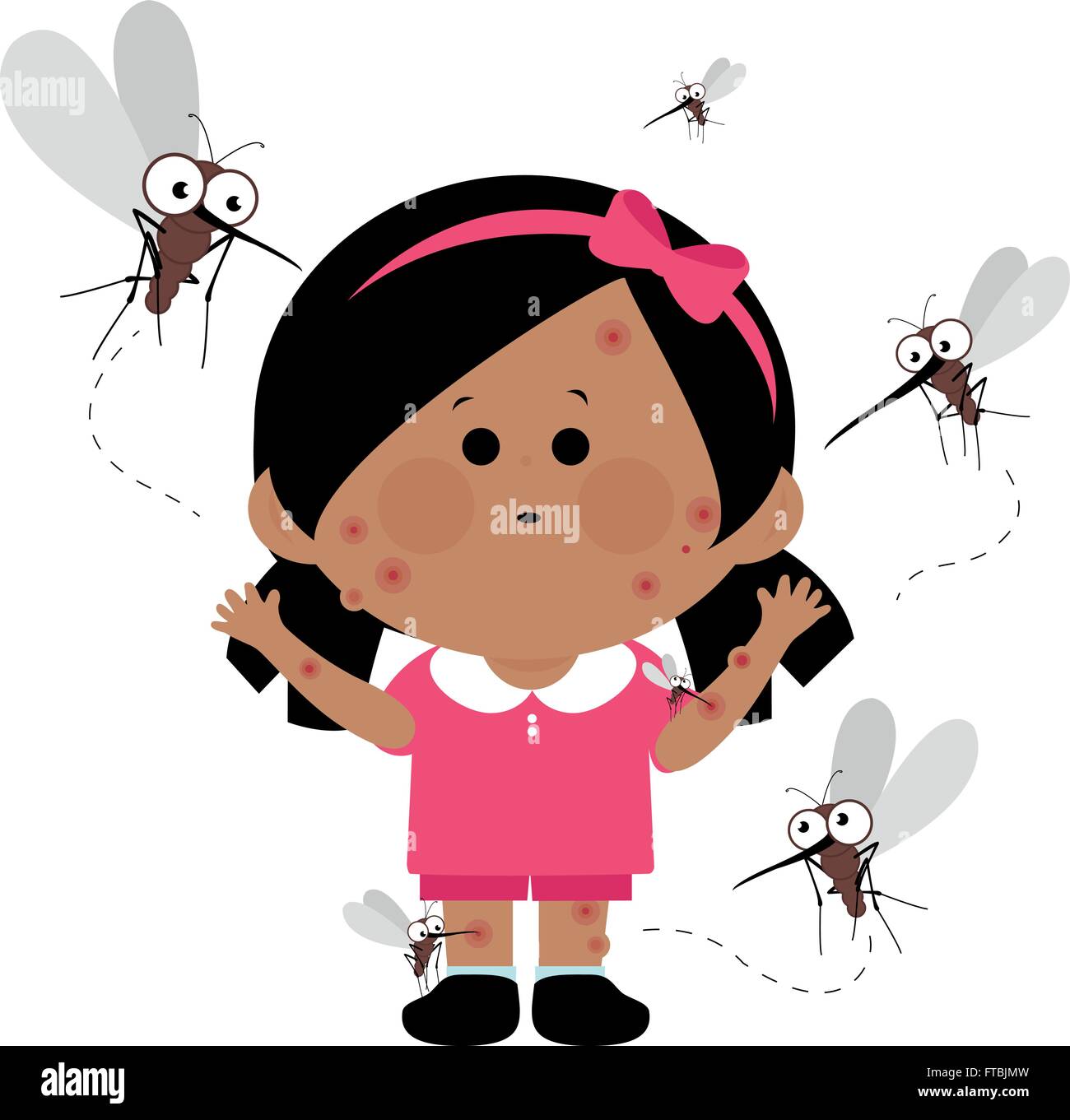 Girl bitten by mosquitoes. Child scratching itchy mosquito bites. Vector illustration Stock Vector