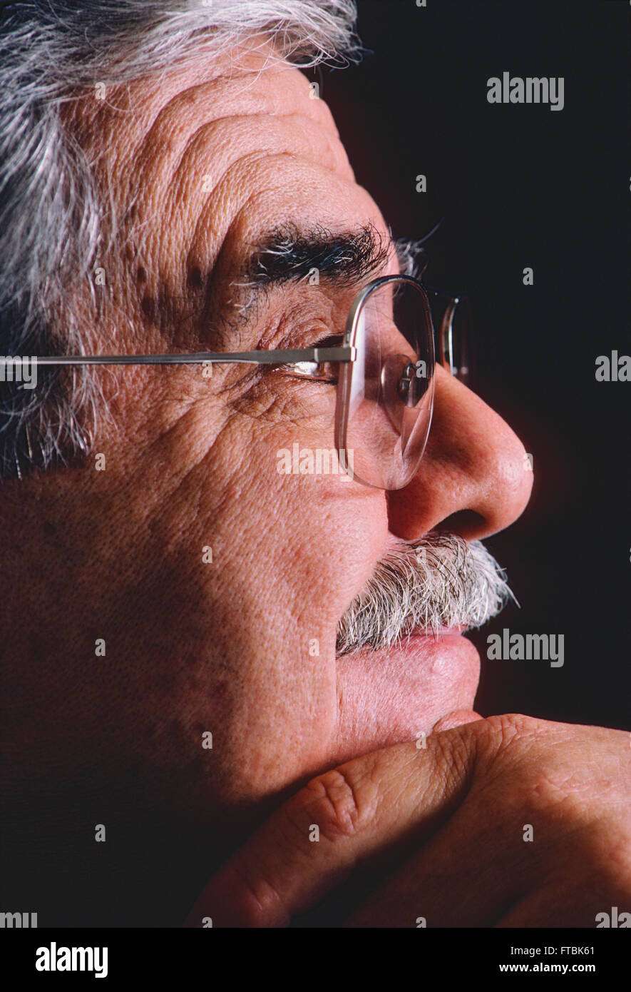 Studio portrait of distinquished older gentleman with eyeglasses, mustache & grey hair Stock Photo