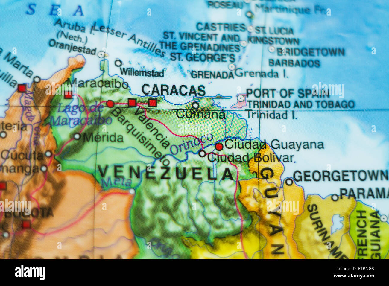 Photo of a map of Venezuela and the capital Caracas . Stock Photo