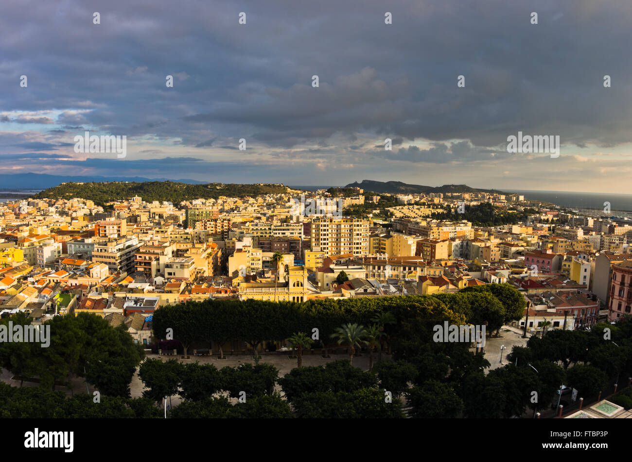 Panoramic view of Cagliari downtown at sunset in Sardinia Stock Photo