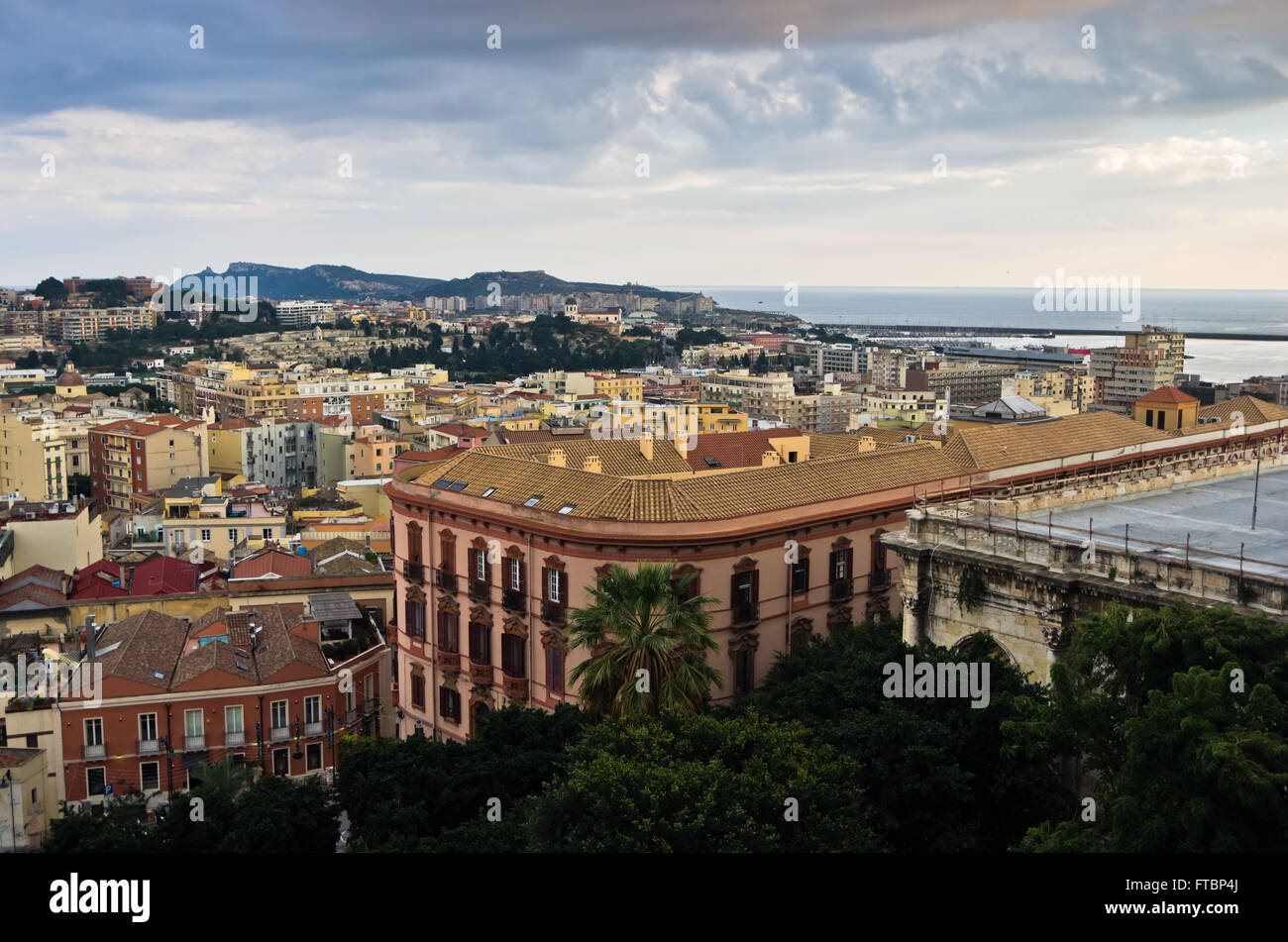 Panoramic view of Cagliari downtown at sunset in Sardinia Stock Photo