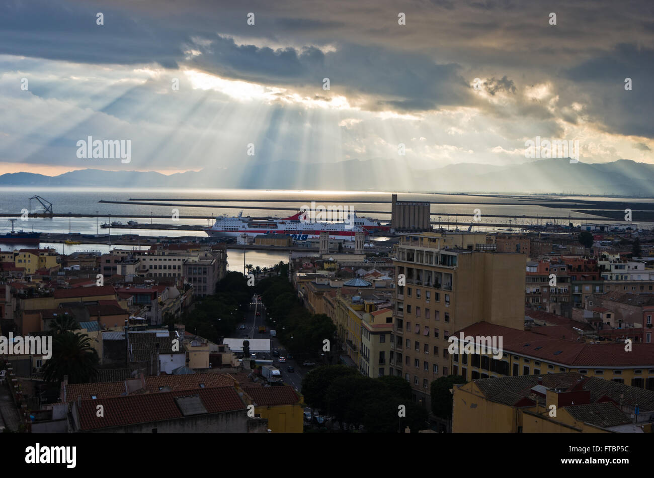 Aerial view of Cagliari cityscape and harbor, Sardinia Stock Photo