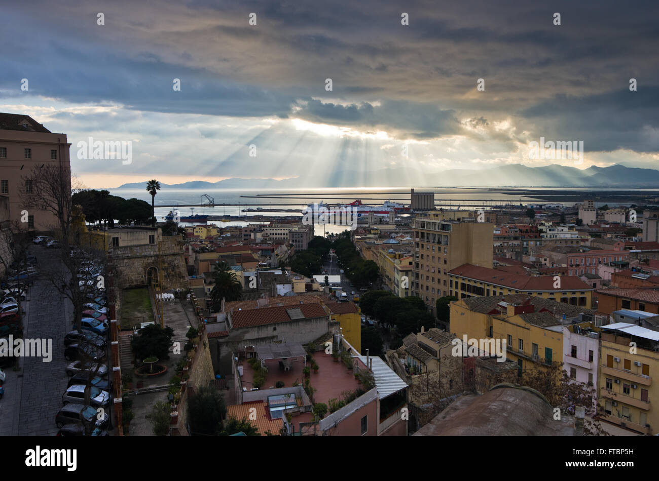 Aerial view of Cagliari cityscape and harbor, Sardinia Stock Photo