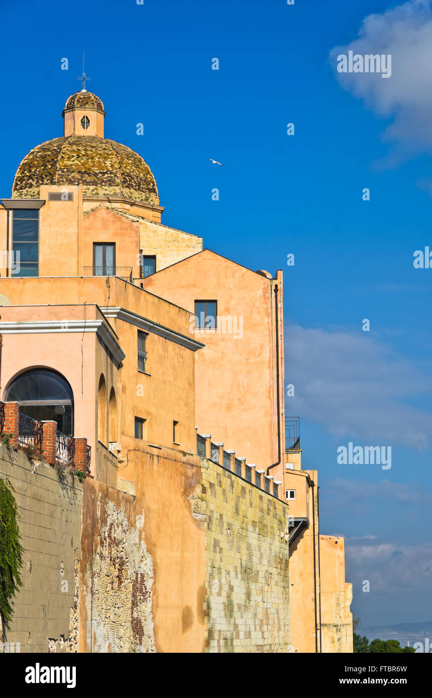 View of city walls and Santa Maria Cathedral at Castello downtown area, Cagliari, Sardinia Stock Photo