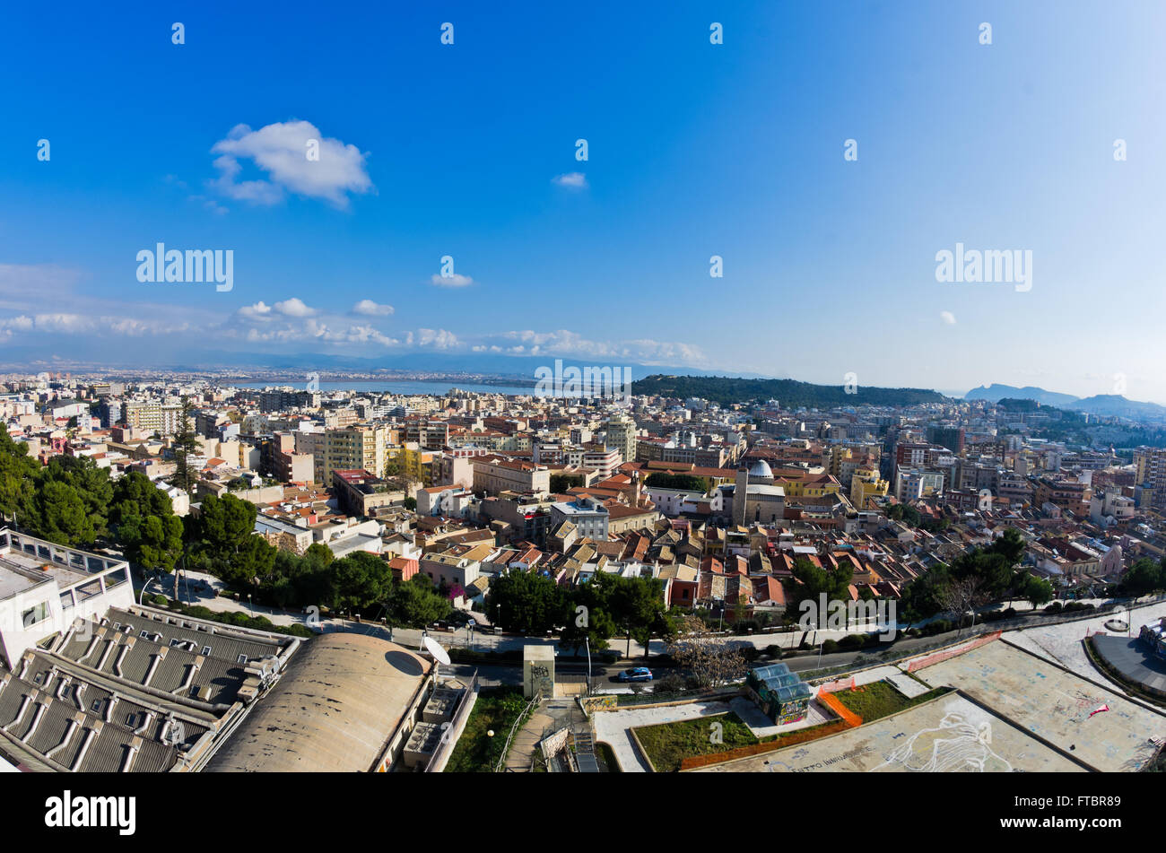 Super wide panorama view of Cagliari from Castello walls, Sardinia Stock Photo