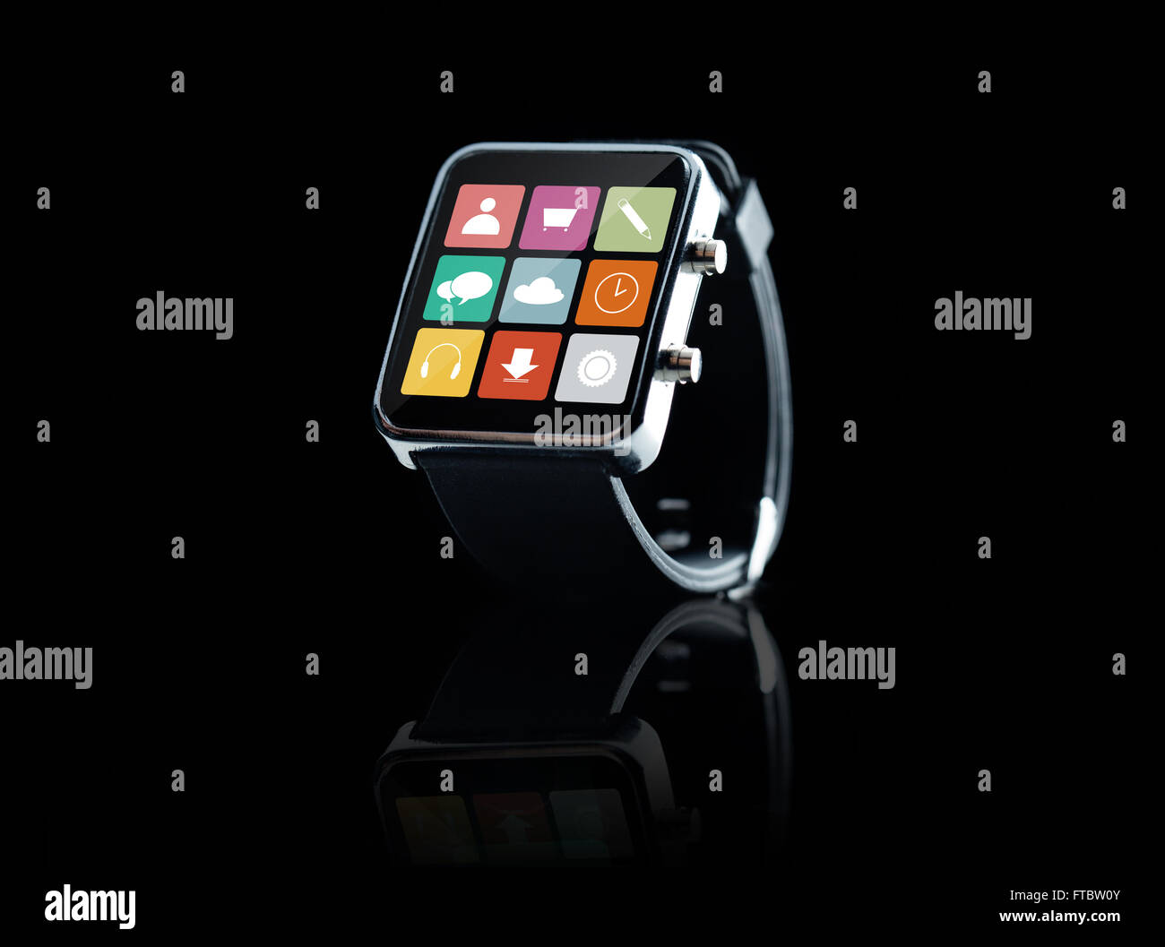 close up of black smart watch with app icons Stock Photo