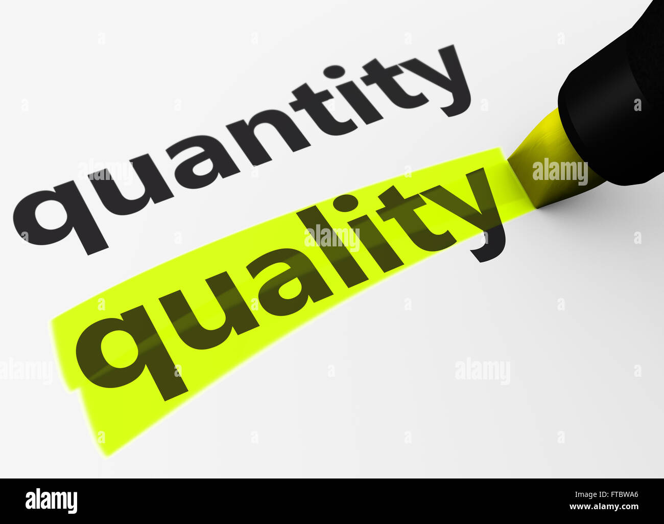 Quality versus quantity business and life concept with a 3D Rendering of words and text highlighted with a yellow marker. Stock Photo