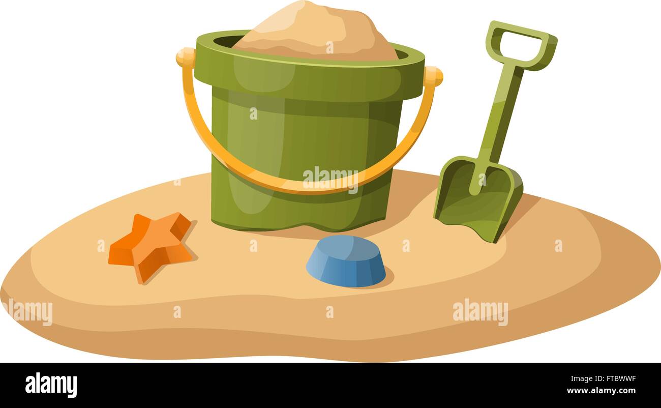Toy bucket and shovel in sand isolated on white. Vector illustration