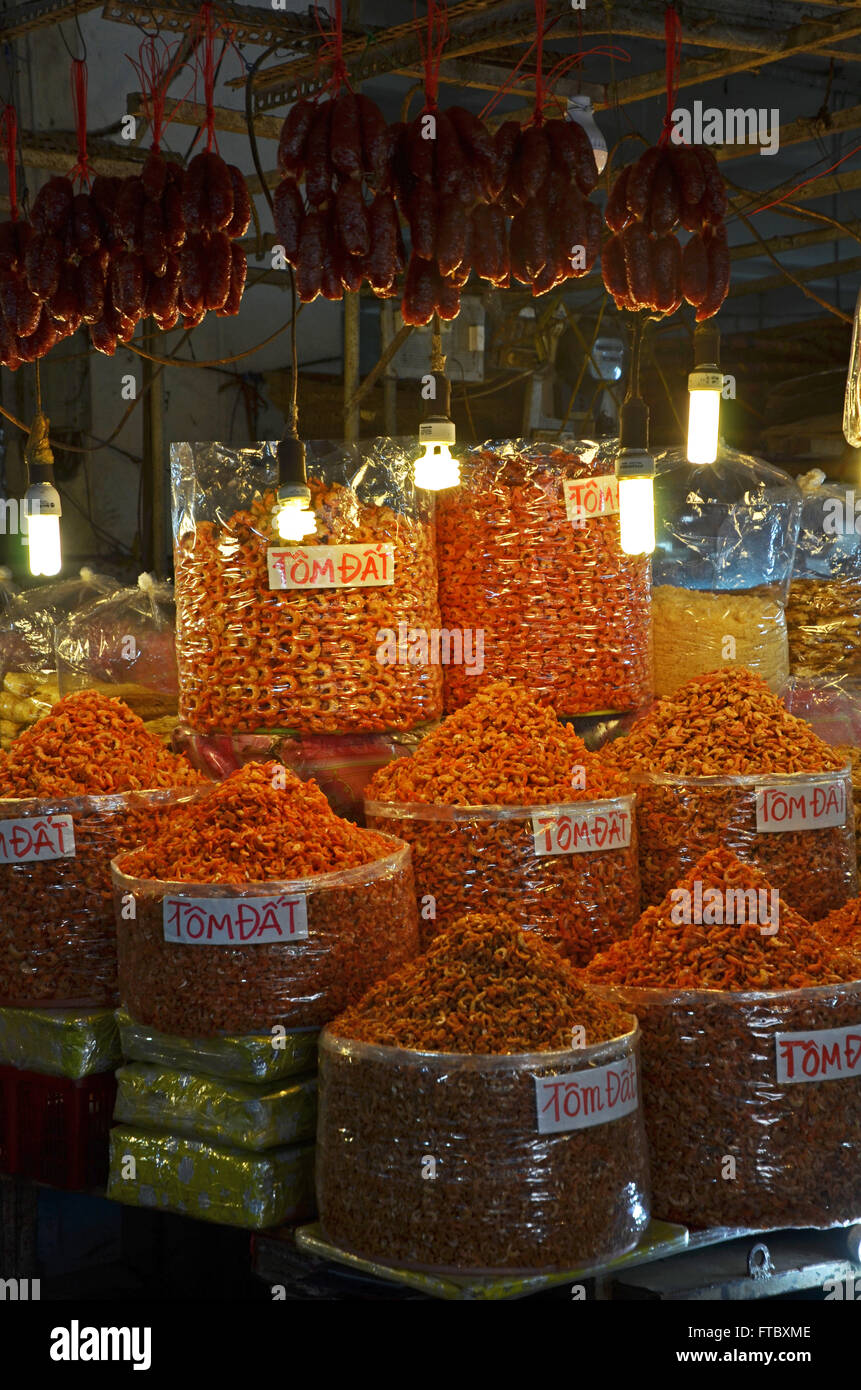 A display of dried shrimp in a market in Ben Tre, Mekong Delta, Vietnam ...