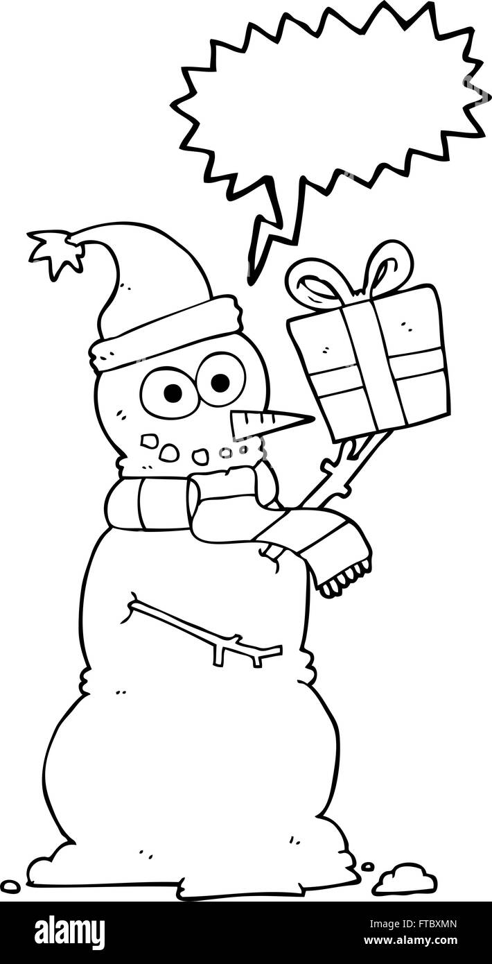 freehand drawn speech bubble cartoon snowman holding present Stock ...