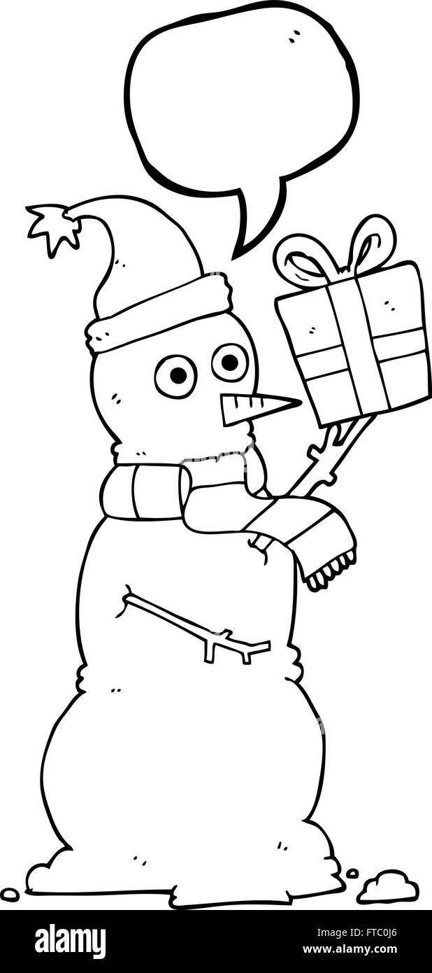 freehand drawn speech bubble cartoon snowman holding present Stock ...