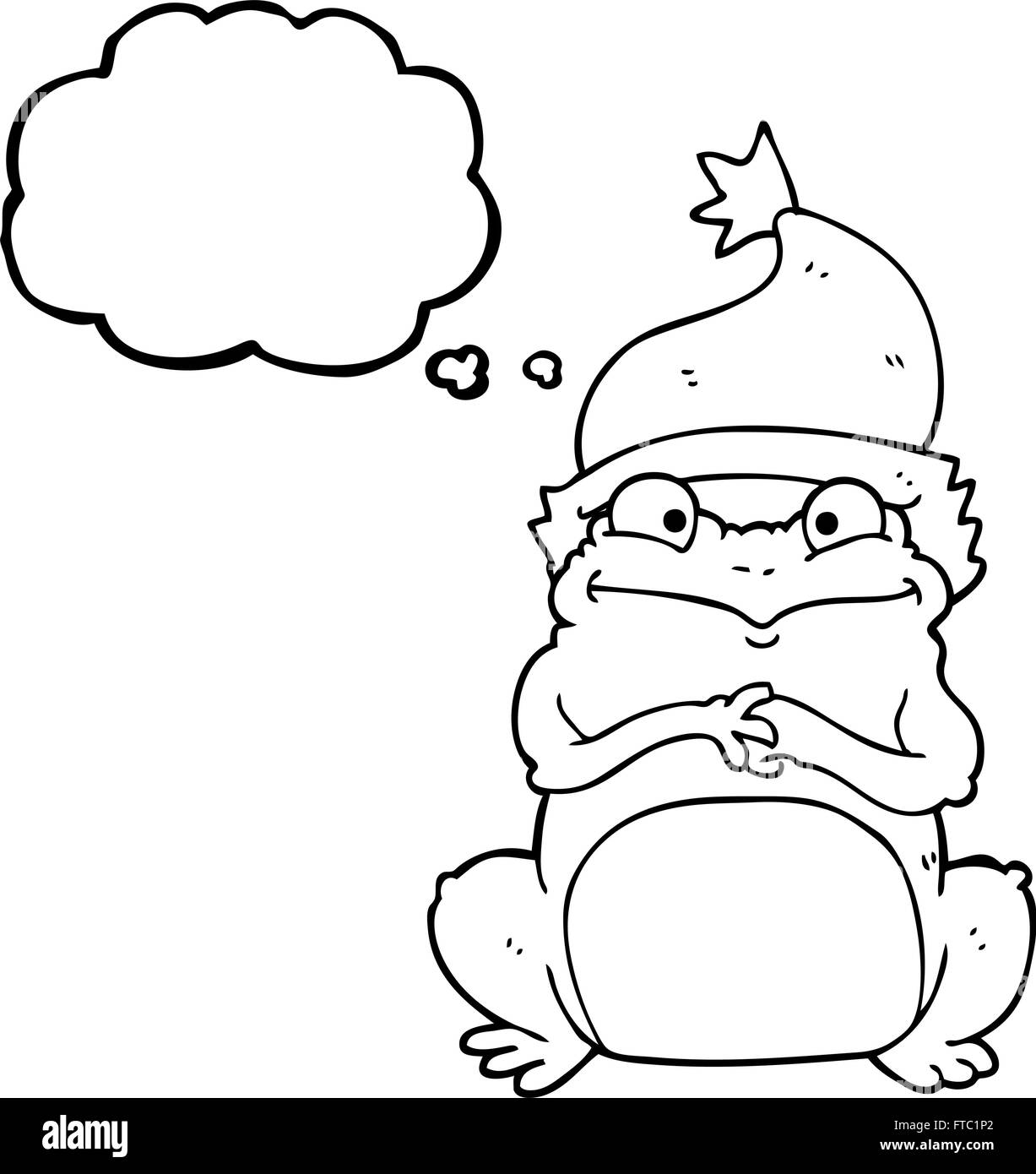 freehand drawn thought bubble cartoon frog wearing christmas hat Stock Vector