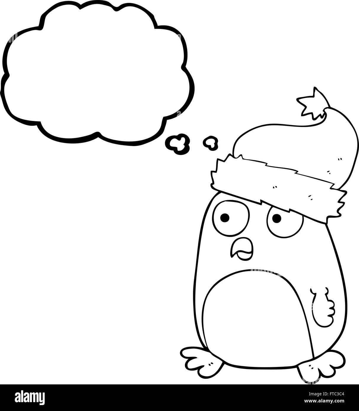 freehand drawn thought bubble cartoon penguin in christmas hat Stock Image
