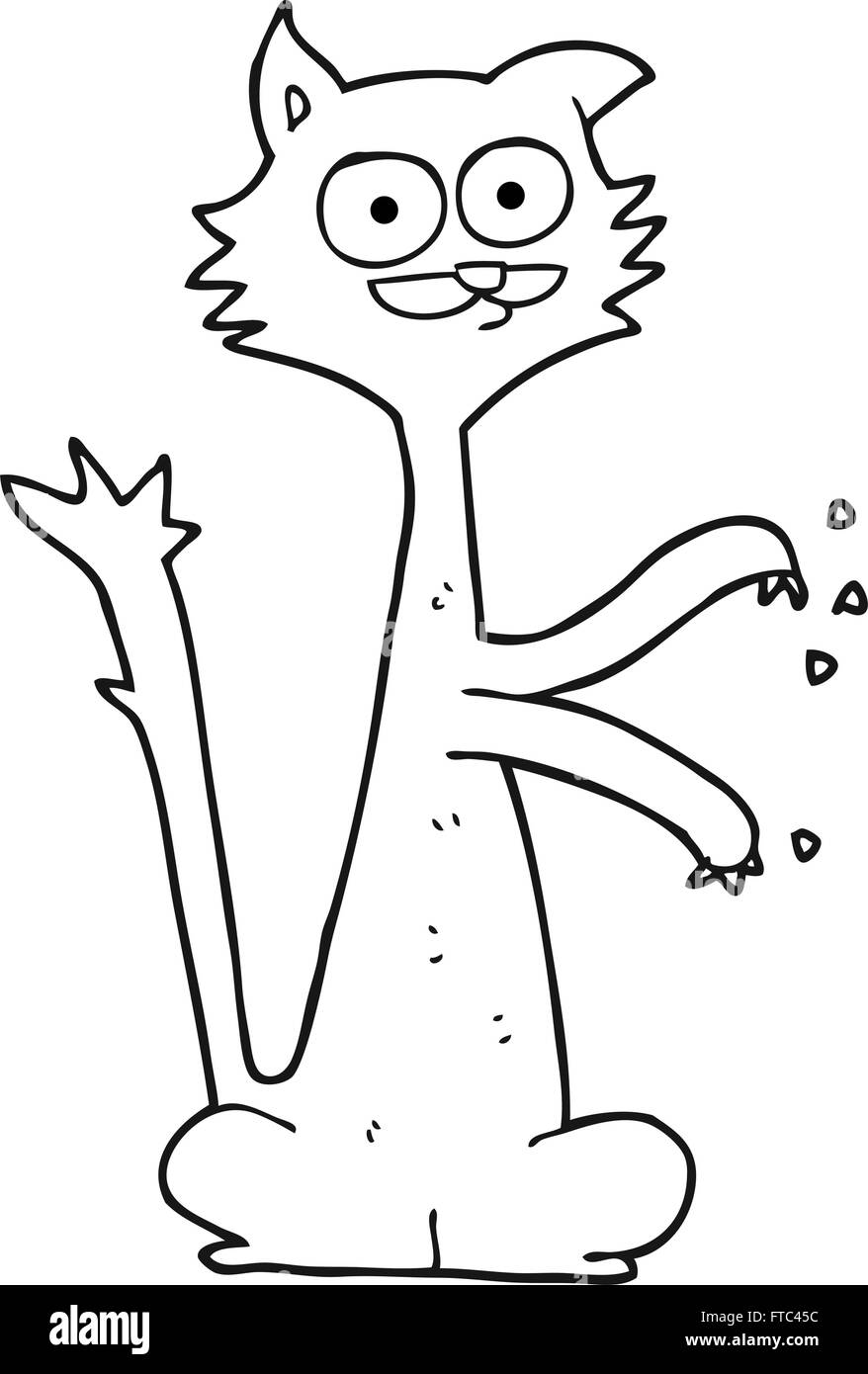 freehand drawn black and white cartoon cat scratching Stock Vector