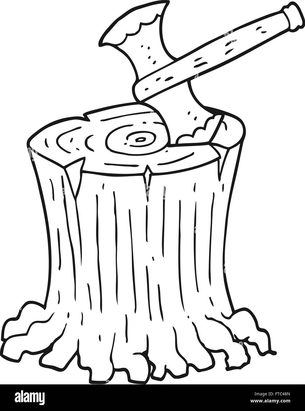 freehand drawn black and white cartoon axe in tree stump Stock Vector