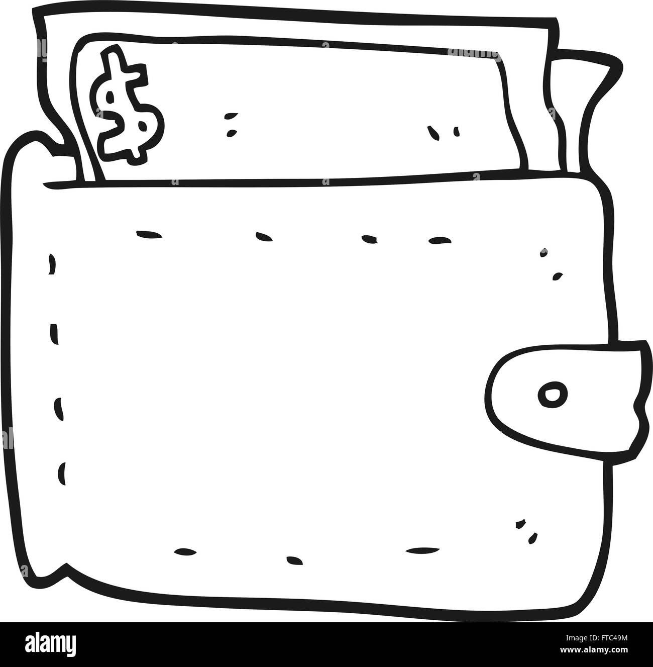 freehand drawn black and white cartoon wallet full of money Stock
