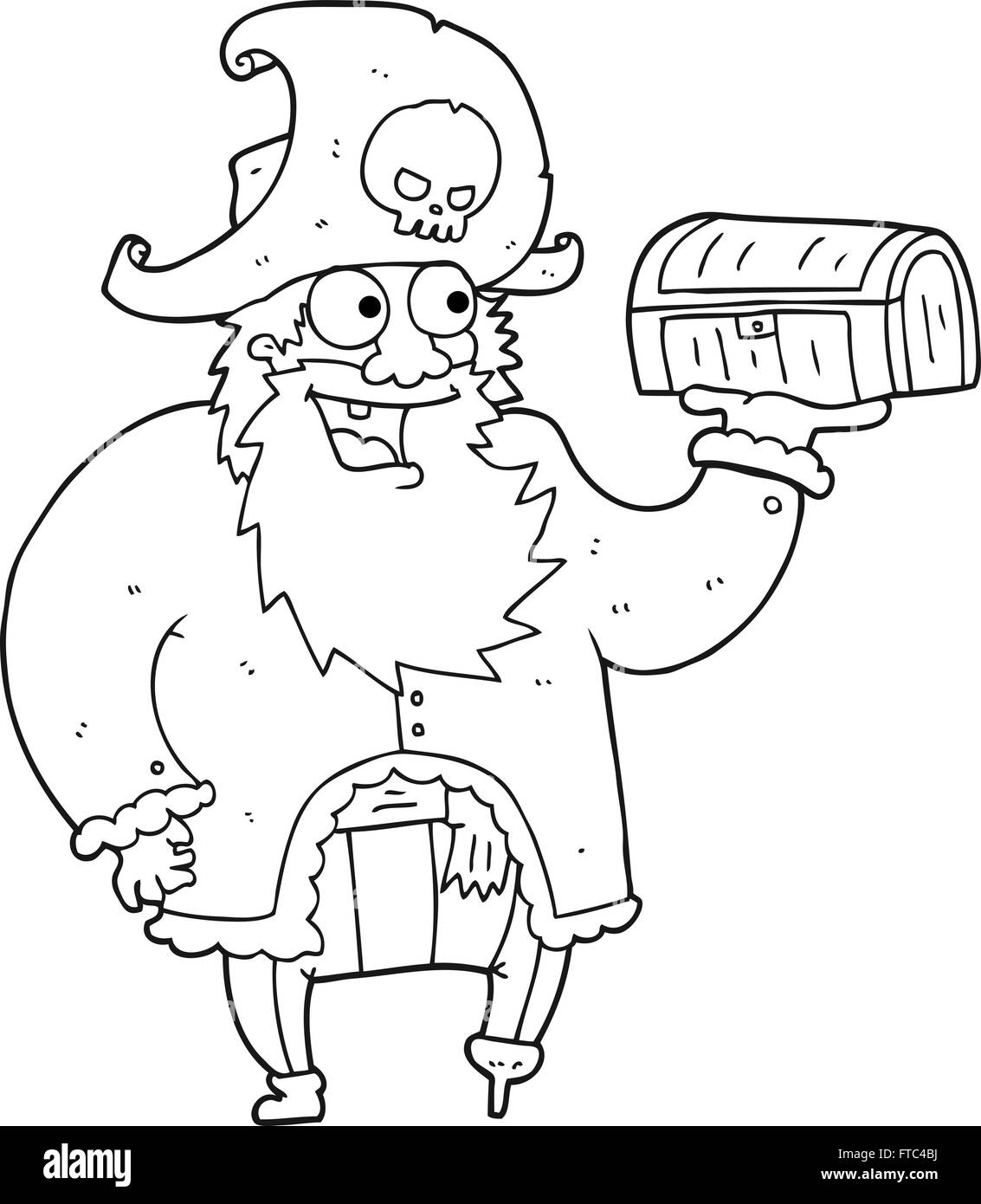 freehand drawn black and white cartoon pirate captain with treasure