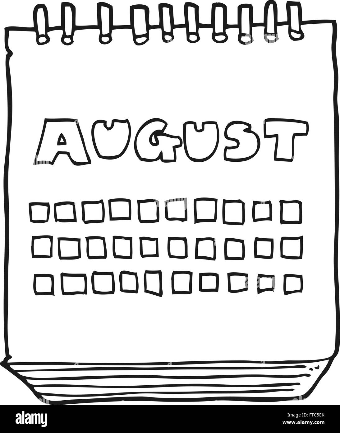 freehand drawn black and white cartoon calendar showing month of august