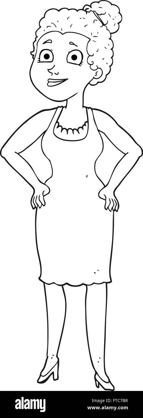 freehand drawn black and white cartoon woman wearing dress Stock Vector