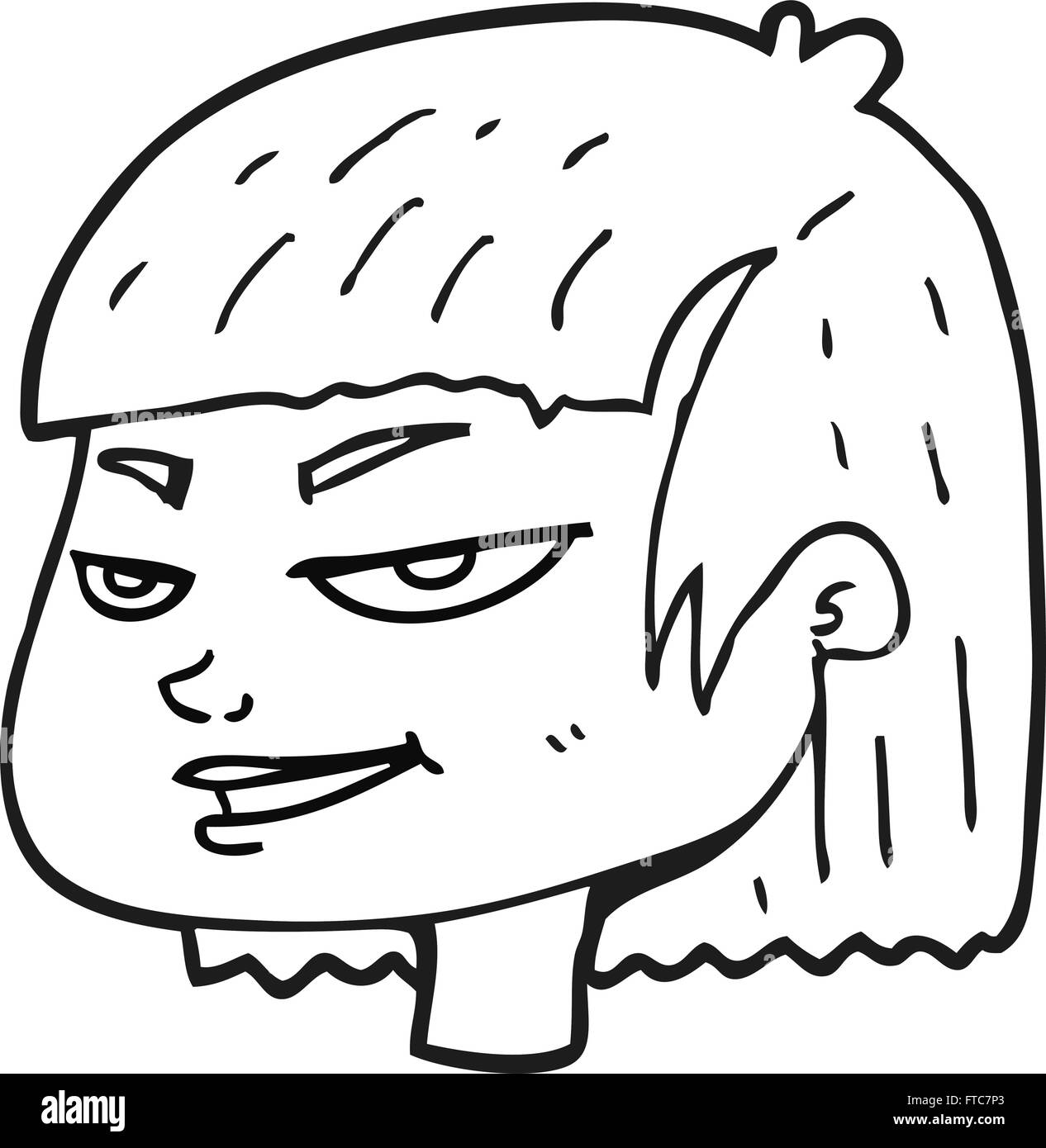 Freehand Drawn Black And White Cartoon Mean Looking Girl Stock