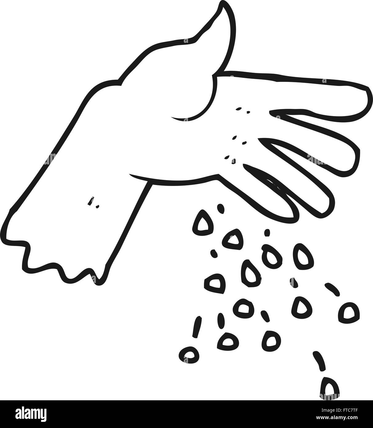 freehand drawn black and white cartoon hand spreading seeds Stock Vector