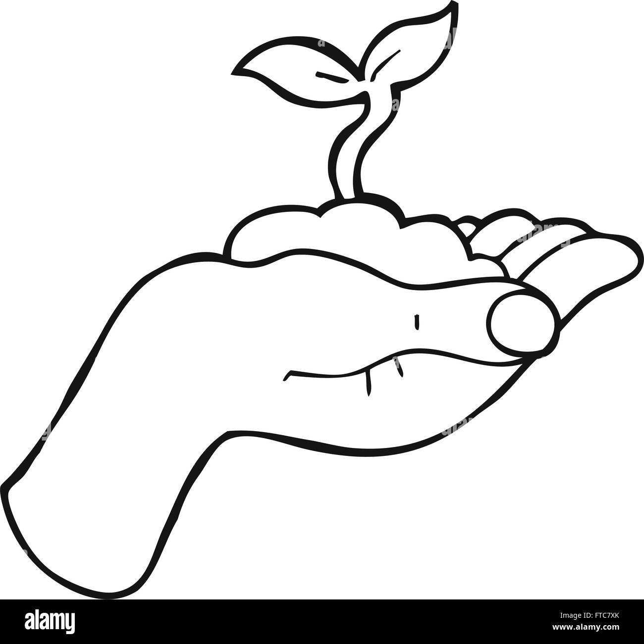 freehand drawn black and white cartoon seedling growing held in hand