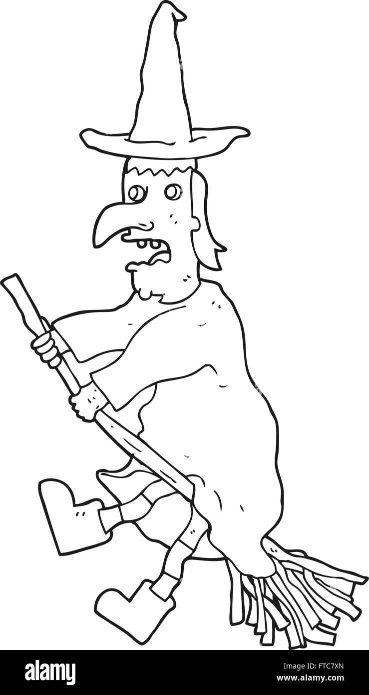 freehand drawn black and white cartoon witch flying on broom Stock