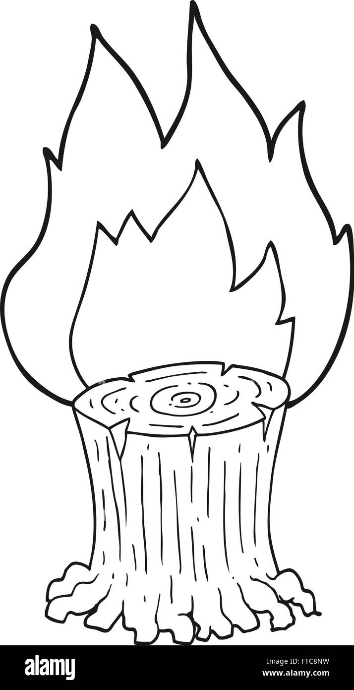 freehand drawn black and white cartoon big tree stump on fire Stock ...